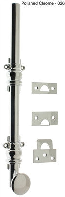 IDH 11200-026: 8" Round Knob Ornamental Surface Bolt w/2" Barrel Guide - Polished Chrome