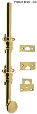 IDH 11200-003: 8" Round Knob Ornamental Surface Bolt w/2" Barrel Guide - Polished Brass