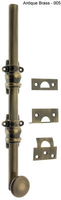 IDH 11200-005: 8" Round Knob Ornamental Surface Bolt w/2" Barrel Guide - Antique Brass
