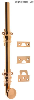 IDH 11200-008: 8" Round Knob Ornamental Surface Bolt w/2" Barrel Guide - Bright Copper