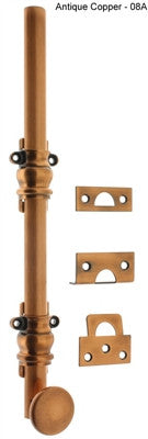 IDH 11200-08A: 8" Round Knob Ornamental Surface Bolt w/2" Barrel Guide - Antique Copper