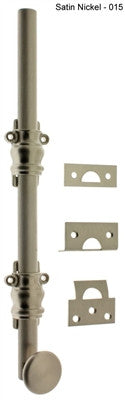 IDH 11200-015: 8" Round Knob Ornamental Surface Bolt w/2" Barrel Guide - Satin Nickel