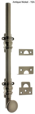 IDH 11200-15A: 8" Round Knob Ornamental Surface Bolt w/2" Barrel Guide - Antique Nickel