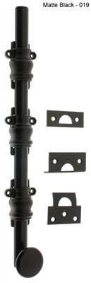 IDH 11208-019: 12" Round Knob Ornamental Surface Bolt w/2" Barrel Guide - Matte Black