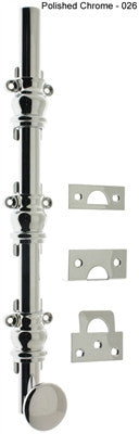 IDH 11216-026: 18" Round Knob Ornamental Surface Bolt w/3" Barrel Guide - Polished Chrome