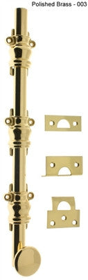 IDH 11216-3NL: 18" Round Knob Ornamental Surface Bolt w/3" Barrel Guide - Unlacquered Brass