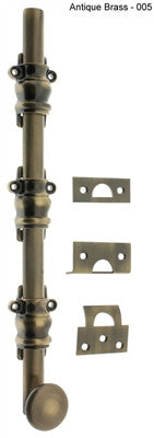 IDH 11208-005: 12" Round Knob Ornamental Surface Bolt w/2" Barrel Guide - Antique Brass