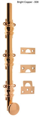 IDH 11216-008: 18" Round Knob Ornamental Surface Bolt w/3" Barrel Guide - Bright Copper