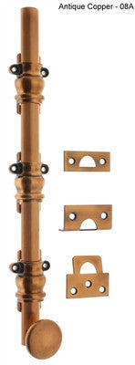 IDH 11208-08A: 12" Round Knob Ornamental Surface Bolt w/2" Barrel Guide - Antique Copper