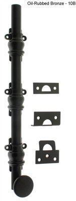 IDH 11208-10B: 12" Round Knob Ornamental Surface Bolt w/2" Barrel Guide - Oil Rubbed Bronze