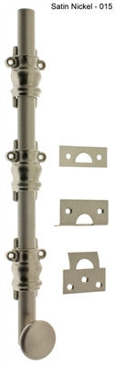 IDH 11208-015: 12" Round Knob Ornamental Surface Bolt w/2" Barrel Guide - Satin Nickel