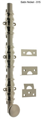 IDH 11224-015: 24" Round Knob Ornamental Surface Bolt w/3" Barrel Guide - Satin Nickel