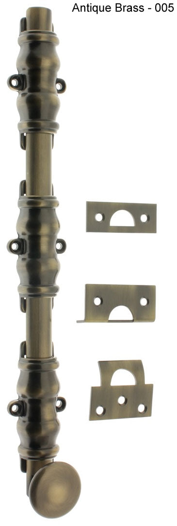 IDH Brass 11232-004: 36" Round Knob Ornamental Surface Bolt w/3" Barrel Guide - Satin Brass