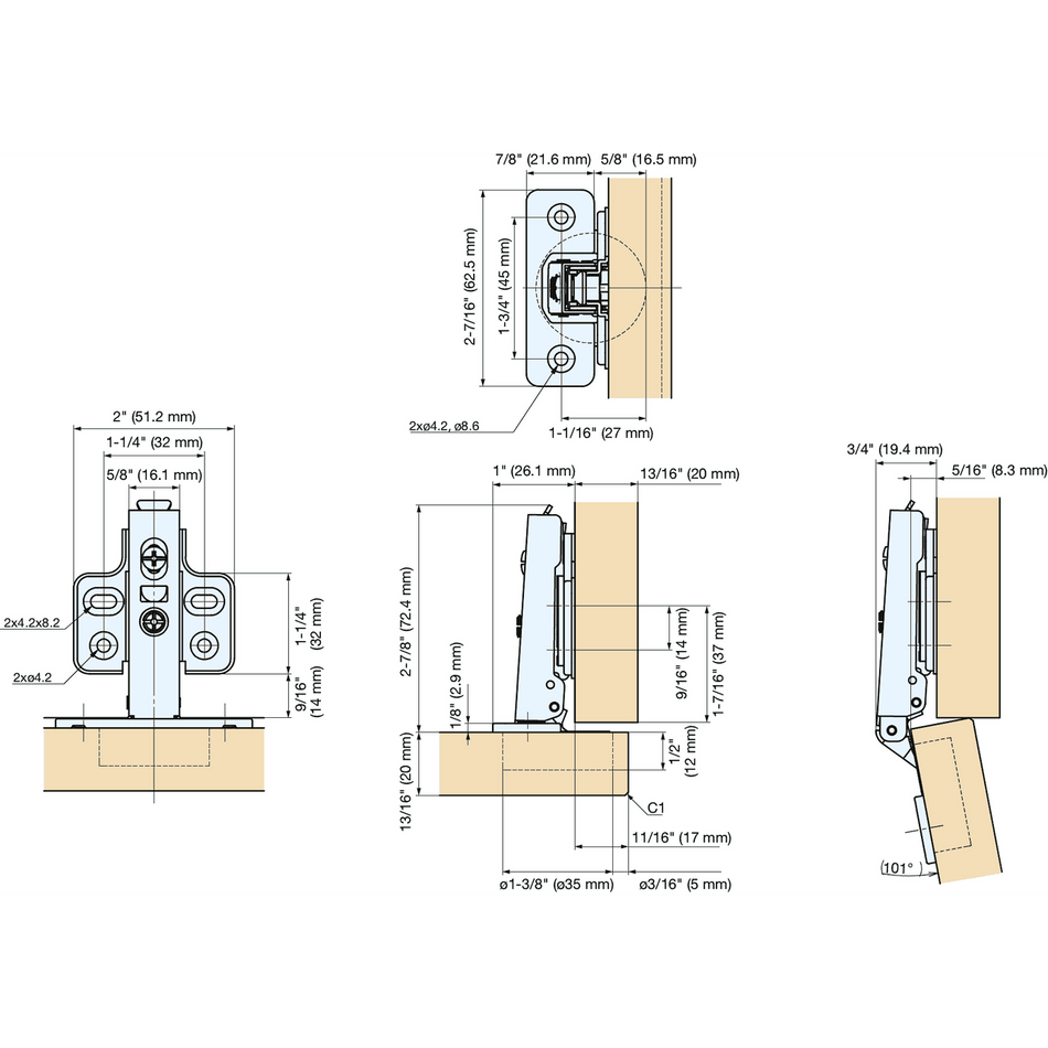 Sugatsune 180SUS-C46-19T: Self-Close Concealed Euro-Style Cabinet Hinge - Polished Stainless Steel