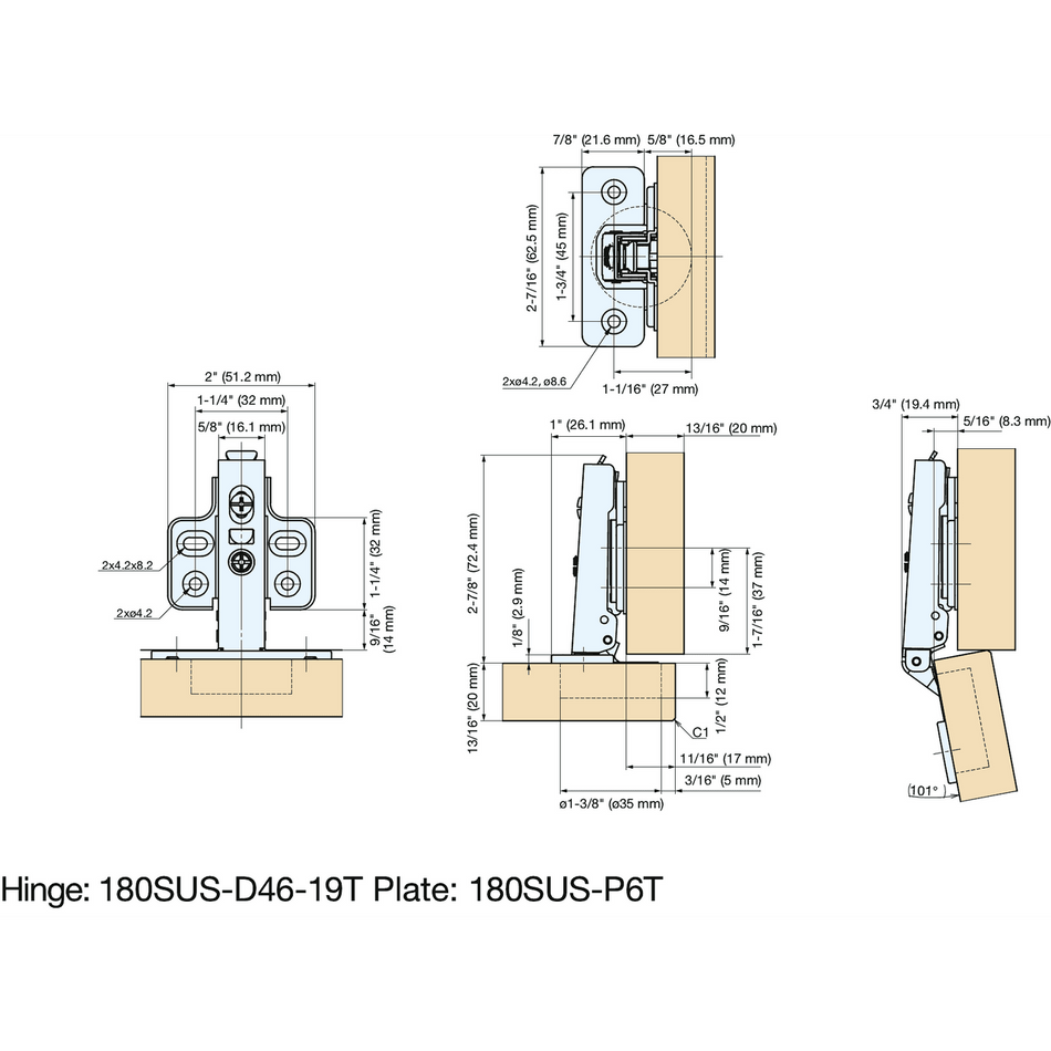 Sugatsune 180SUS-D46-19T: Soft-Close Concealed Euro-Style Cabinet Hinge - Polished Stainless Steel