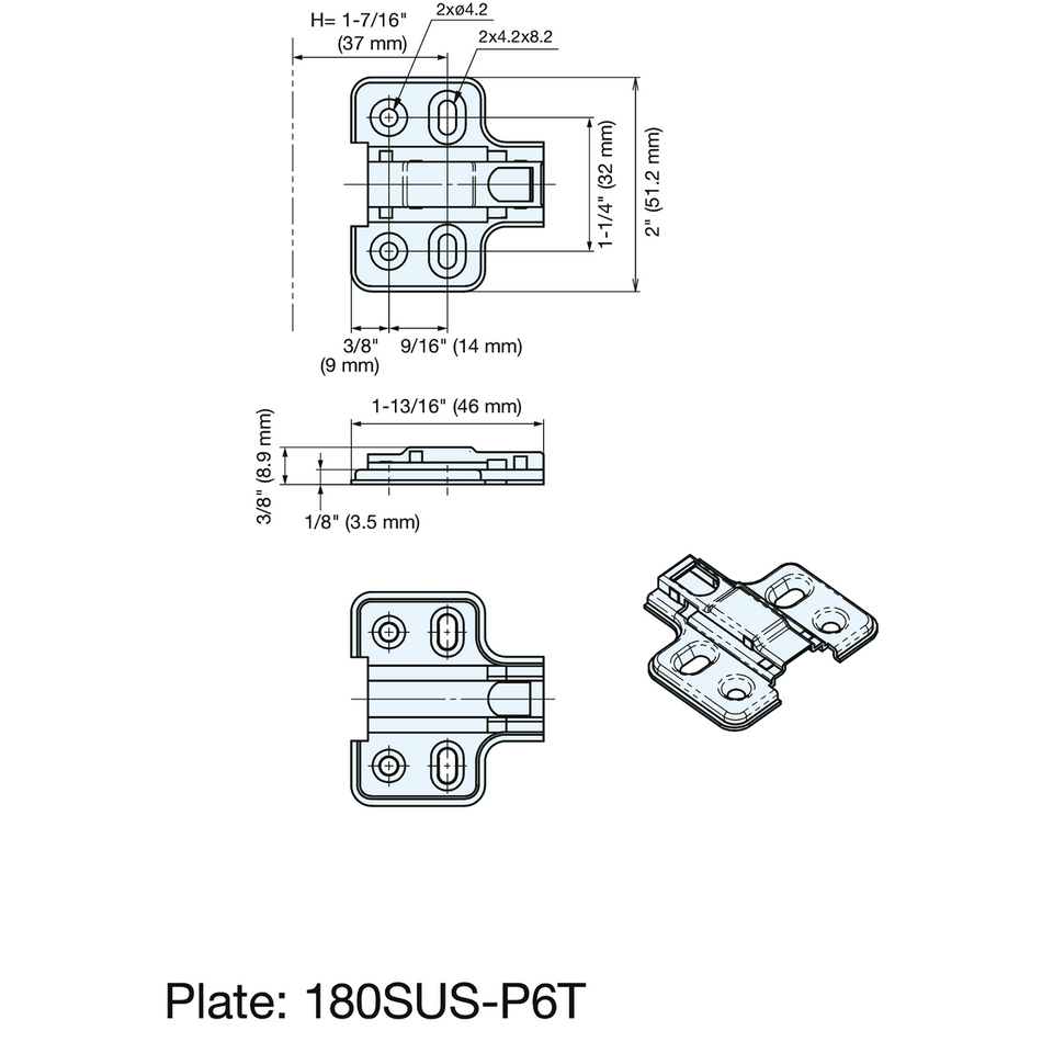 Sugatsune 180SUS-P6T: Mounting Plate for 180SUS Series Concealed Hinge - Polished Stainless Steel