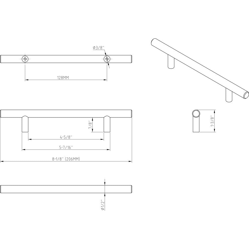 Elements 206SBZ: 128 mm cc Naples Round Bar Cabinet Pull - Satin Bronze