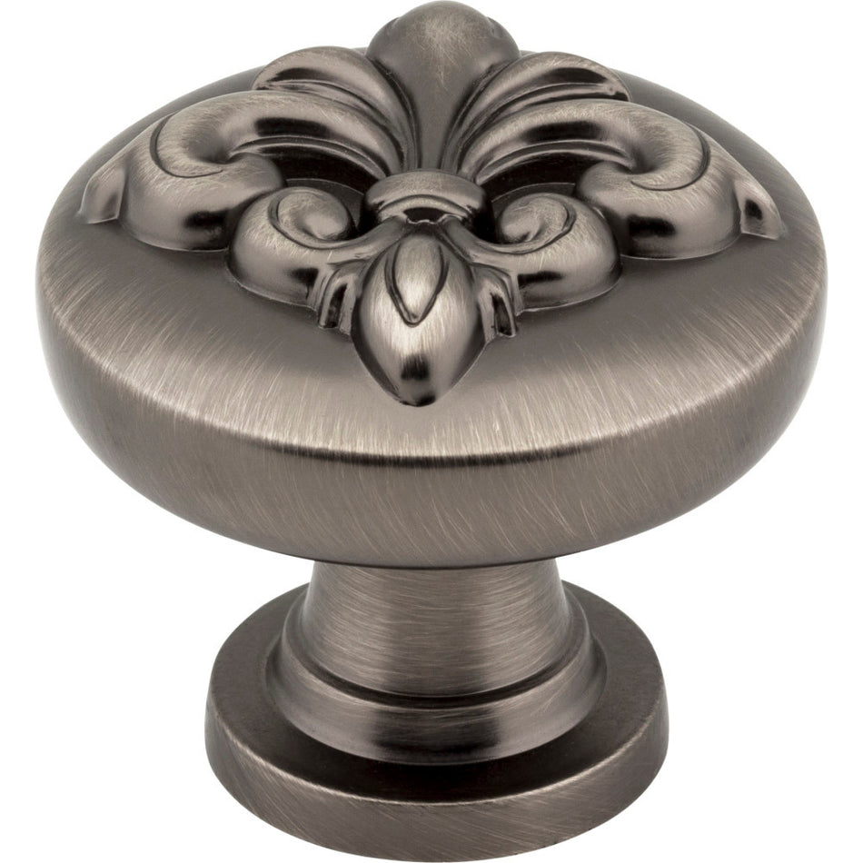 Jeffrey Alexander 218BNBDL: 1-3/8" Lafayette Fleur-de-Lis Cabinet Knob - Brushed Pewter