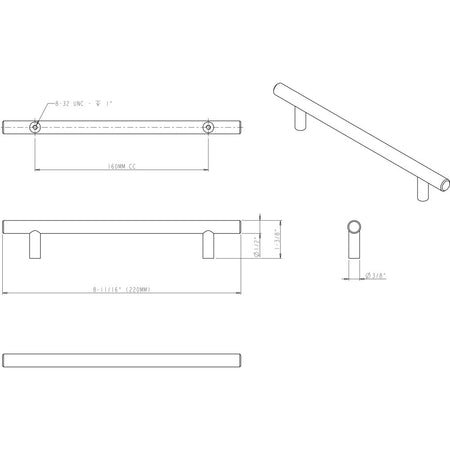 Elements 220BG: 160 mm cc Naples Round Bar Cabinet Pull - Brushed Gold