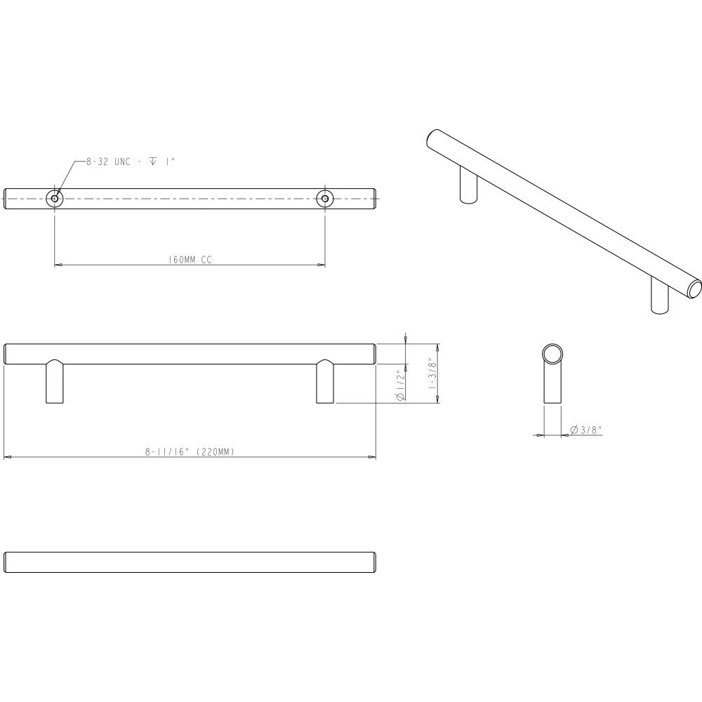 Elements 220SN: 160 mm cc Naples Round Bar Cabinet Pull - Satin Nickel