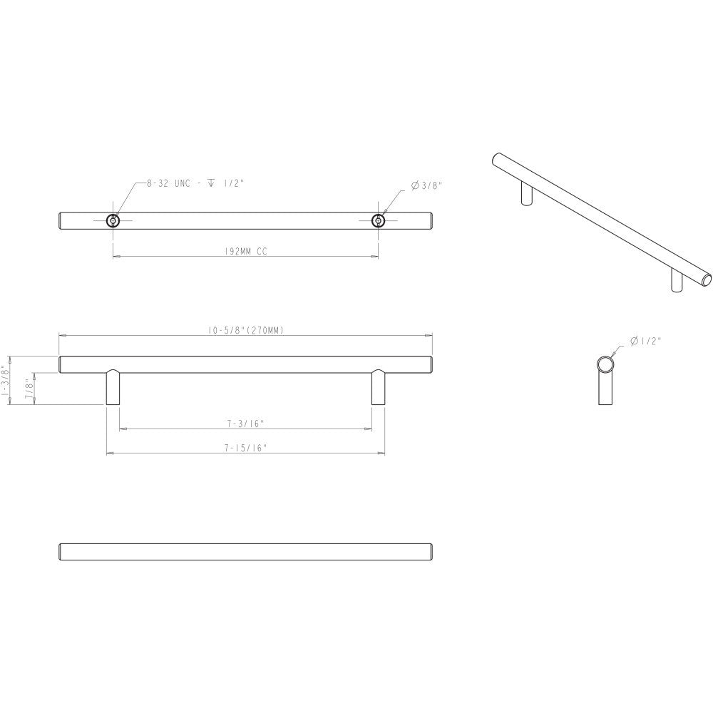 Elements 270SS: 192 mm cc Naples Round Bar Cabinet Pull - Stainless Steel