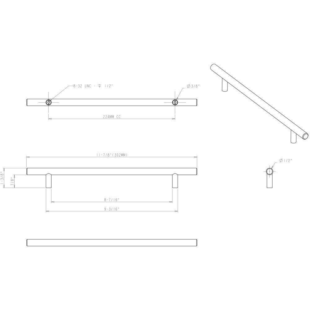 Elements 302SS: 224 mm cc Naples Round Bar Cabinet Pull - Stainless Steel