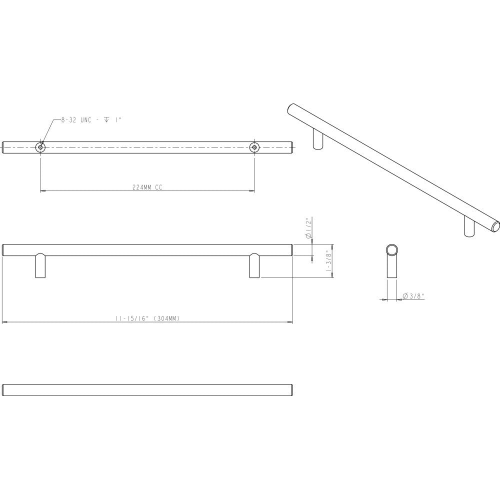 Elements 304BG: 224 mm cc Naples Round Bar Cabinet Pull - Brushed Gold