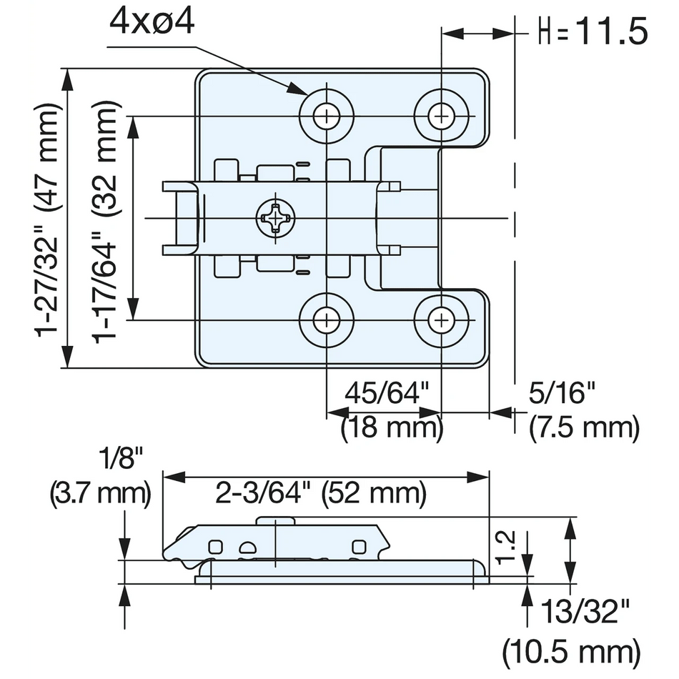 Sugatsune 360-P6W-30-32T: Standard Mounting Plate for Olympia Cabinet Hinges - Polished Nickel
