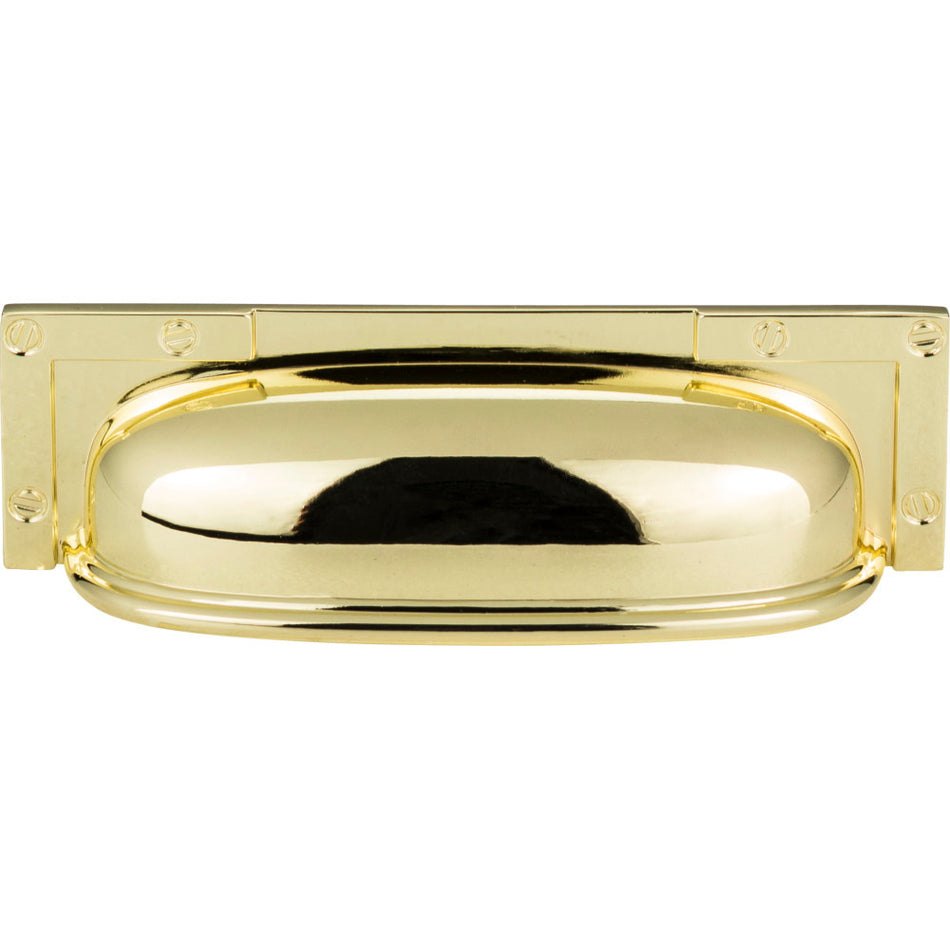 Atlas 382-PB: 3-3/4" cc Campaign L-Bracket Cup Cabinet Pull - Polished Brass