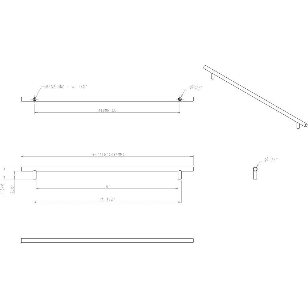 Elements 494SS: 416 mm cc Naples Round Bar Cabinet Pull - Stainless Steel