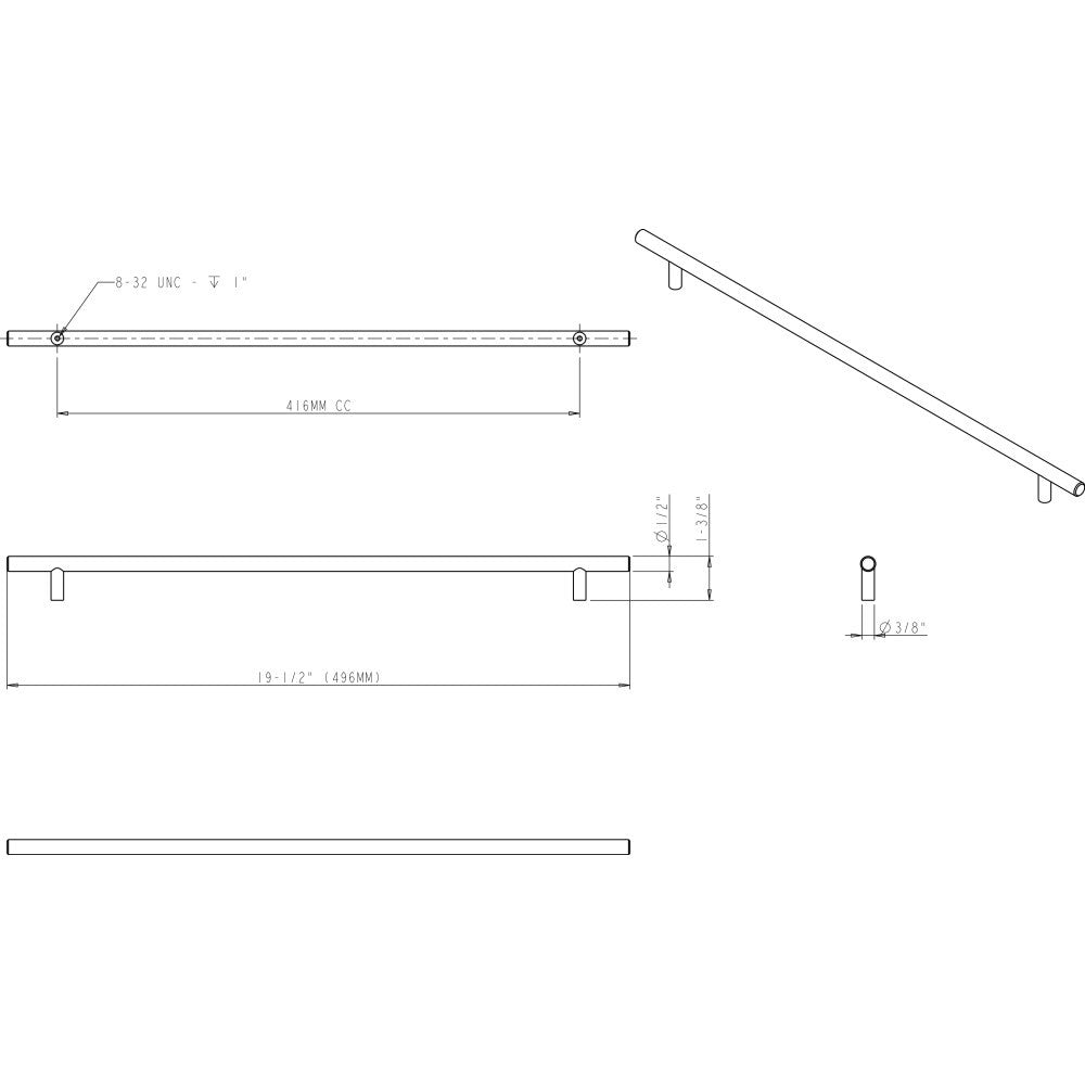 Elements 496BG: 416 mm cc Naples Round Bar Cabinet Pull - Brushed Gold