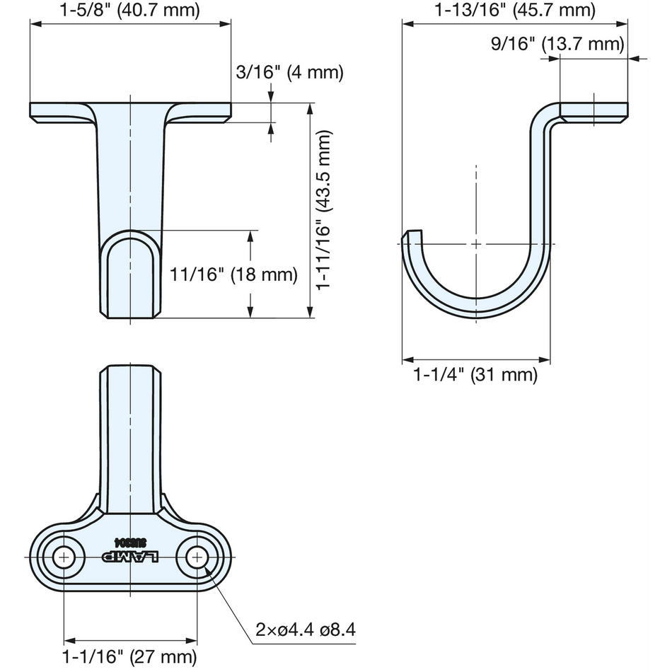 Sugatsune 4HJU-40M: 44mm Undermount Utility Hook - Mirror Stainless Steel