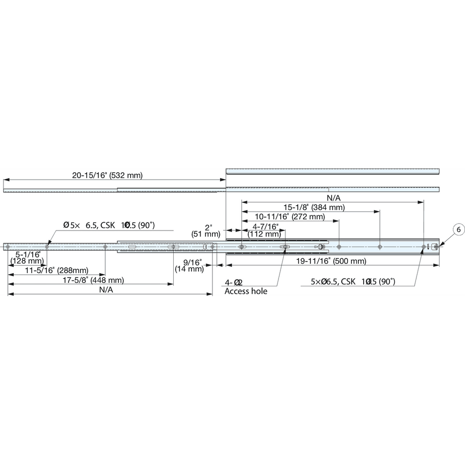 Sugatsune 5302-500: 500mm Full Extension Ball Bearing Drawer Slide - Stainless Steel