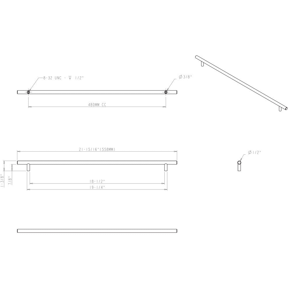 Elements 558SS: 480 mm cc Naples Round Bar Cabinet Pull - Stainless Steel