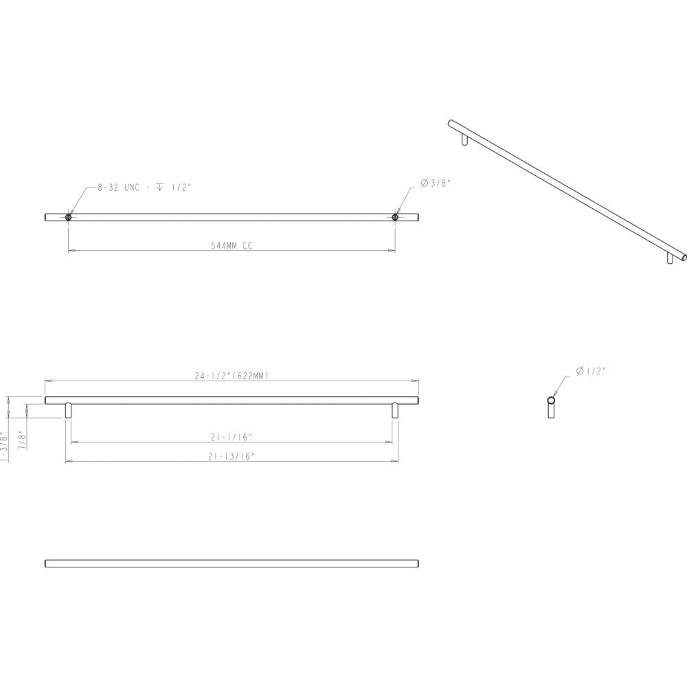 Elements 622SS: 544 mm cc Naples Round Bar Cabinet Pull - Stainless Steel