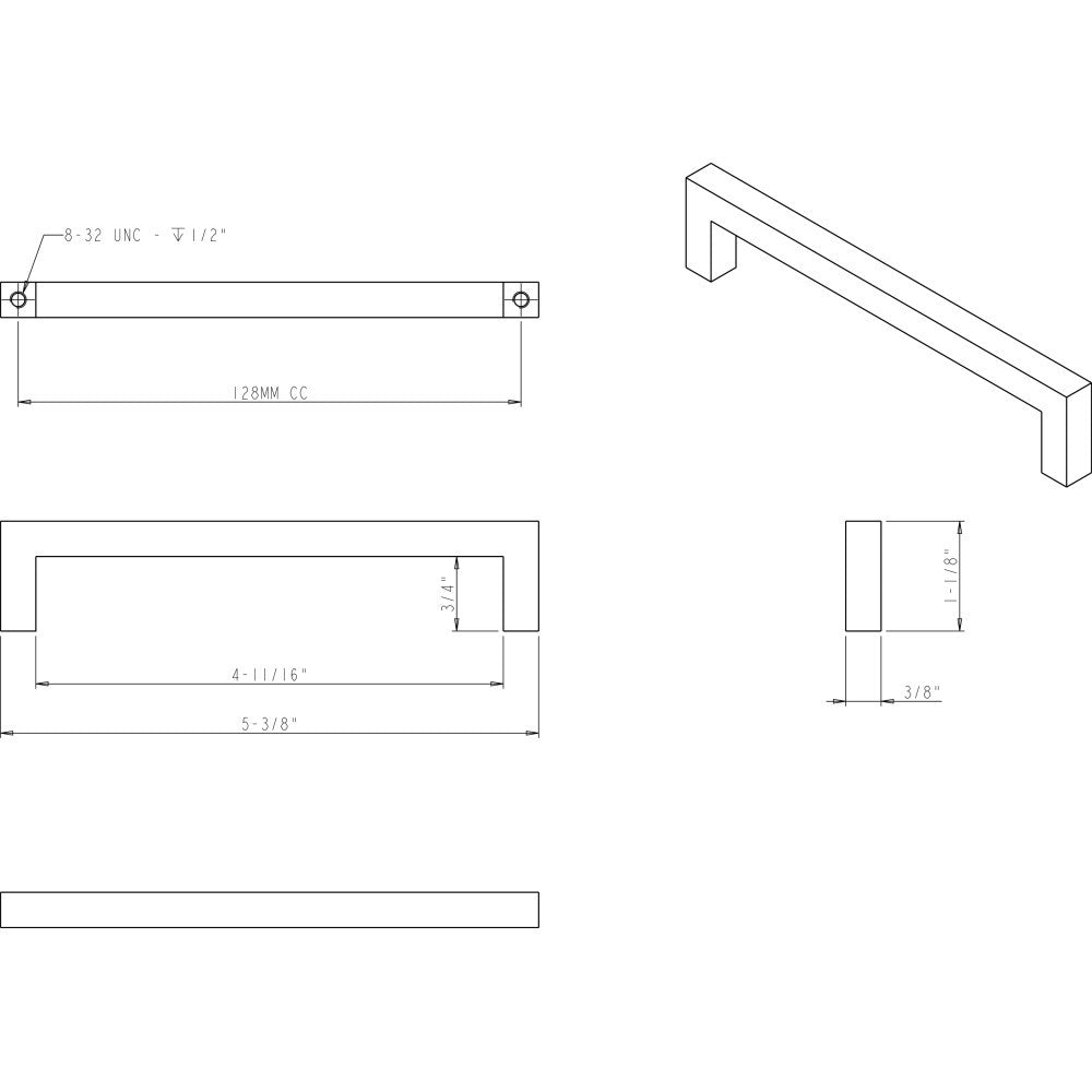 Elements 625-128MB: 128 mm cc Stanton Square Bar Cabinet Pull - Matte Black