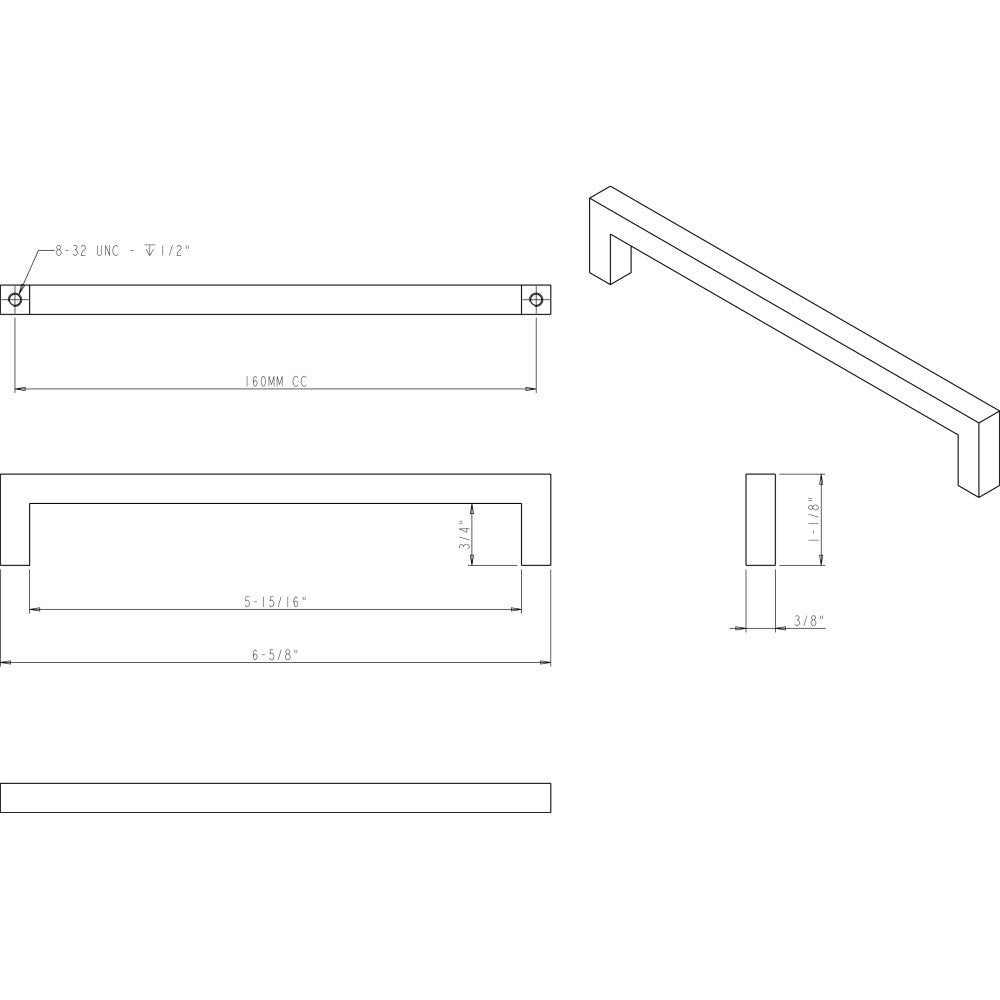 Elements 625-160SN: 160 mm cc Stanton Square Bar Cabinet Pull - Satin Nickel