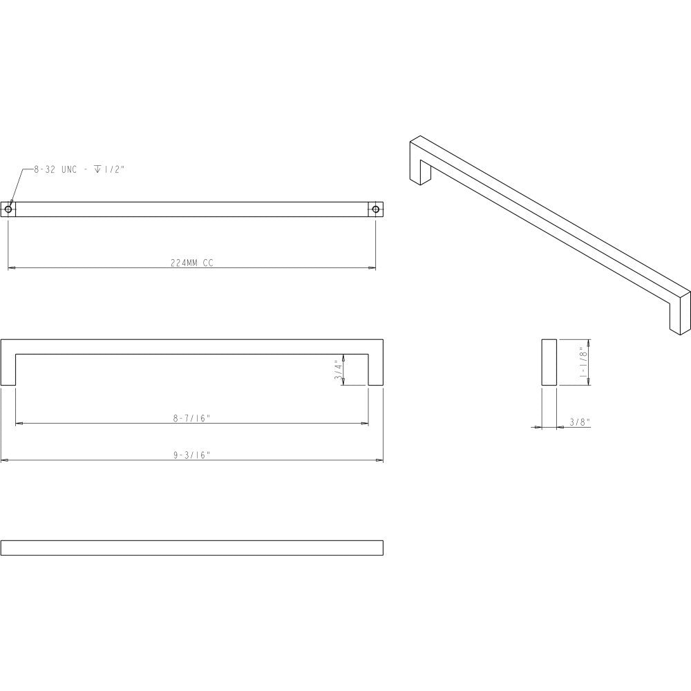 Elements 625-224SN: 224 mm cc Stanton Square Bar Cabinet Pull - Satin Nickel