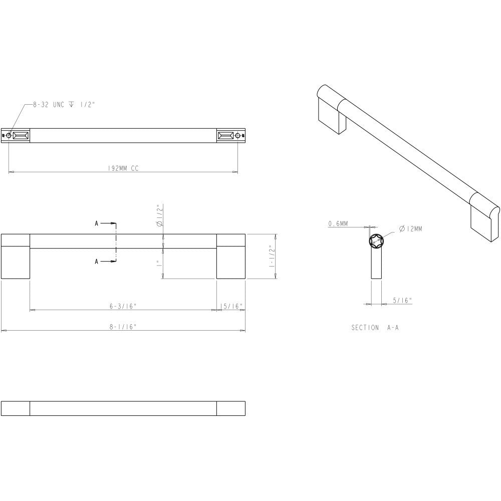 Elements 645-192PC: 192 mm cc Knox Round Bar Cabinet Pull - Polished Chrome