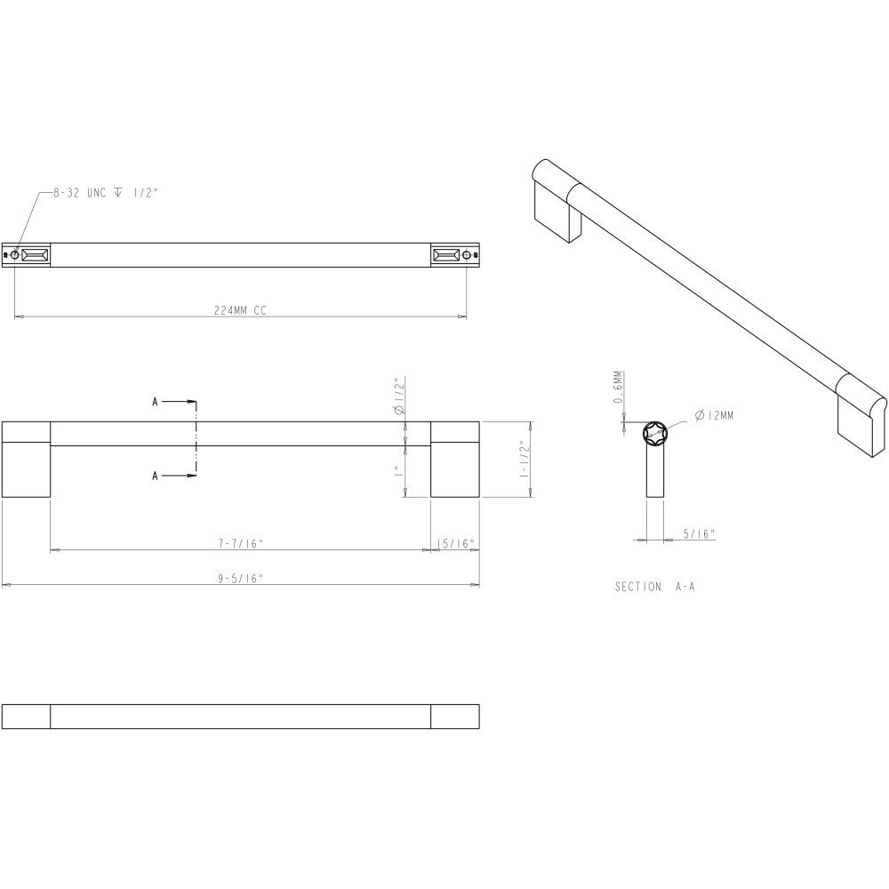 Elements 645-224PC: 224 mm cc Knox Round Bar Cabinet Pull - Polished Chrome