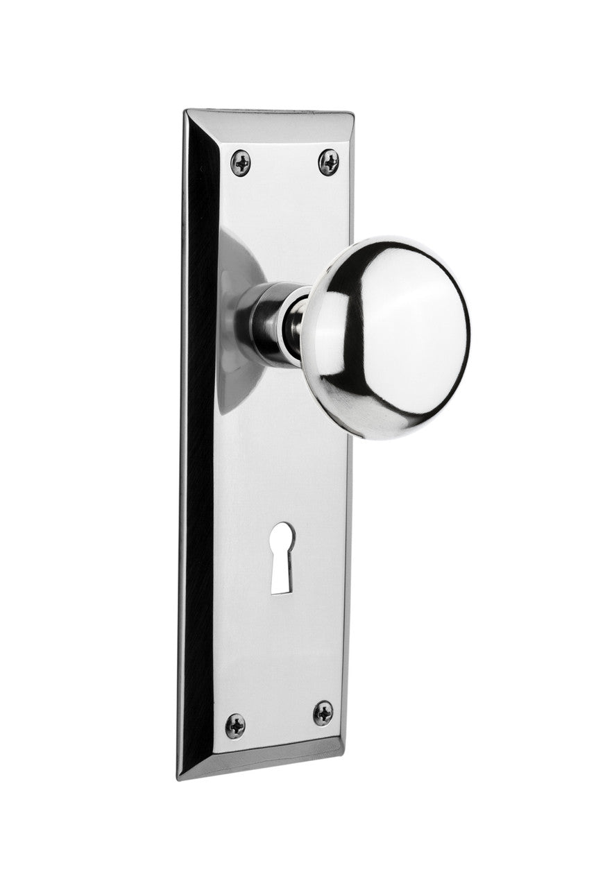 Nostalgic 701237: New York Backplate w/New York Knob Single Dummy Door Set - Bright Chrome