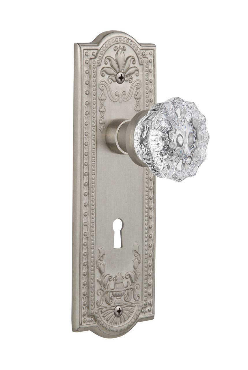 Nostalgic 701830: Meadows Backplate w/Clear Crystal Glass Knob Passage Door Set - Satin Nickel