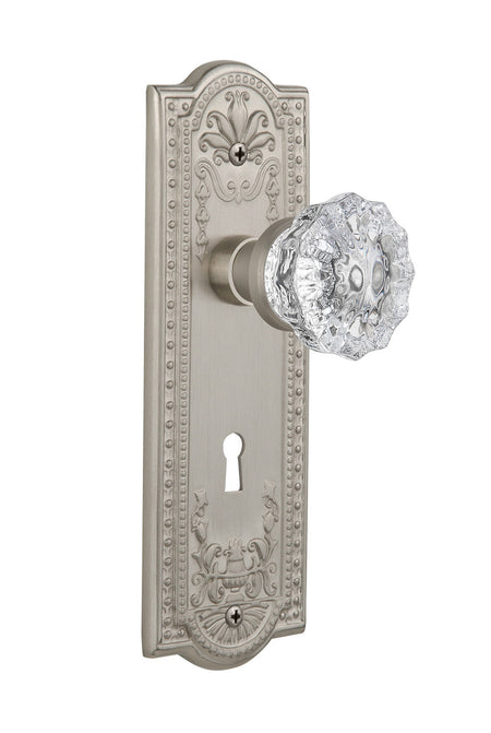 Nostalgic 701830: Meadows Backplate w/Clear Crystal Glass Knob Passage Door Set - Satin Nickel