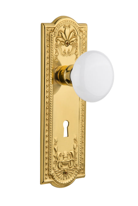 Nostalgic 701870: Meadows Backplate w/White Porcelain Knob Privacy Door Set - Polished Brass