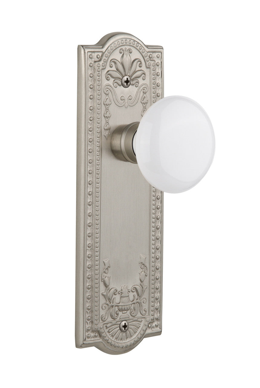 Nostalgic 701889: Meadows Backplate w/White Porcelain Knob Privacy Door Set - Satin Nickel