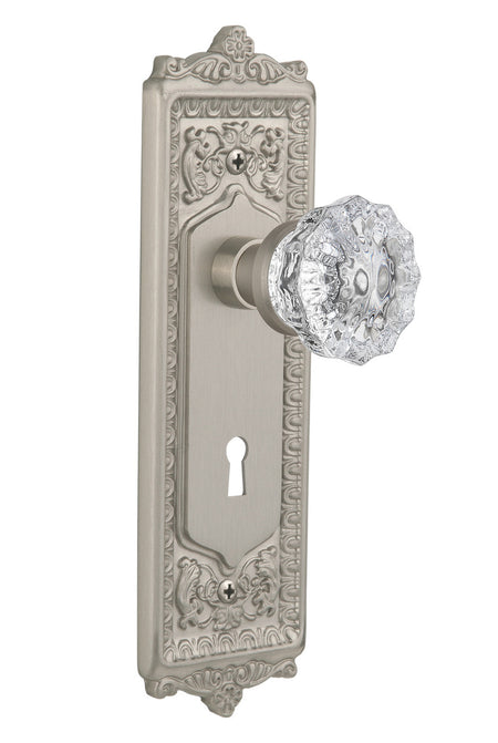 Nostalgic 701923: Egg & Dart Backplate w/Clear Crystal Glass Knob Single Dummy Door Set - Satin Nickel