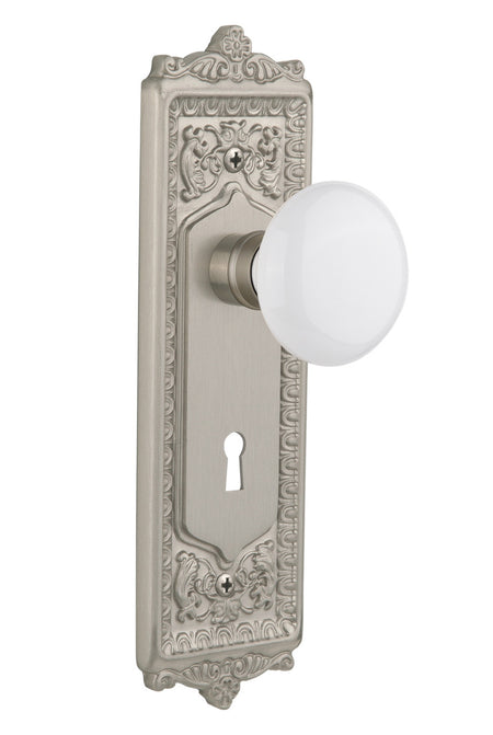 Nostalgic 701982: Egg & Dart Backplate w/White Porcelain Knob Passage Door Set - Satin Nickel