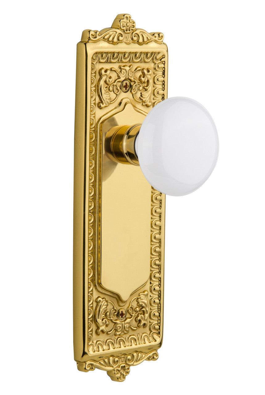 Nostalgic 701983: Egg & Dart Backplate w/White Porcelain Knob Single Dummy Door Set - Polished Brass