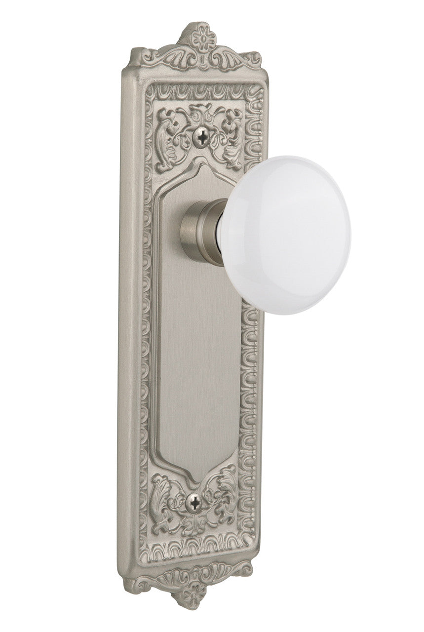 Nostalgic 701994: Egg & Dart Backplate w/White Porcelain Knob Privacy Door Set - Satin Nickel