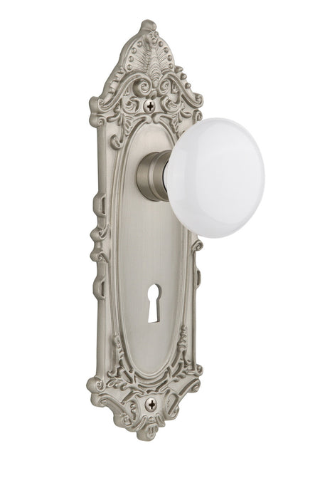 Nostalgic 702056: Victorian Backplate w/White Porcelain Knob Privacy Door Set - Satin Nickel